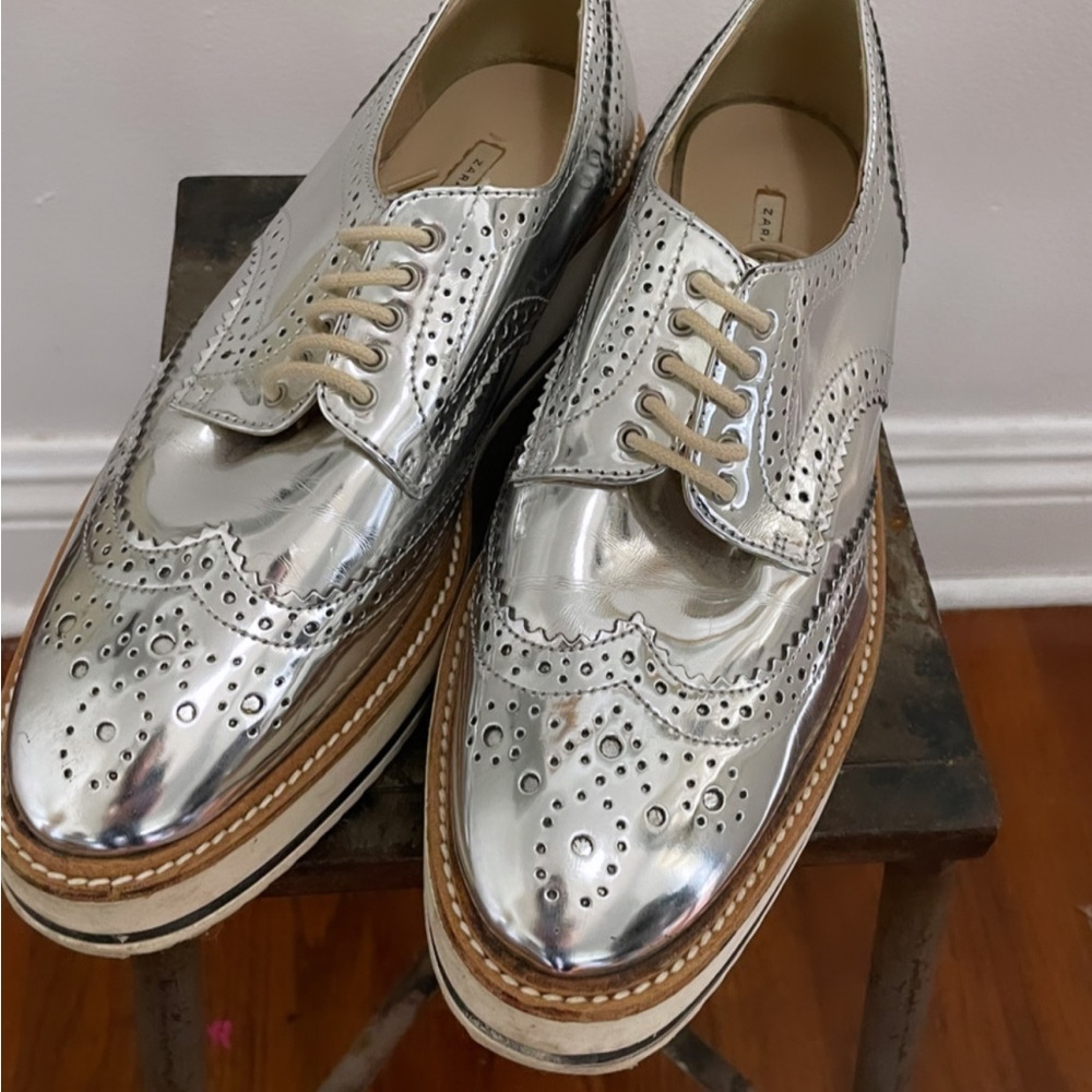 Zara Silver Metallic Mirror Platform Lace up Oxford Derby Shoe